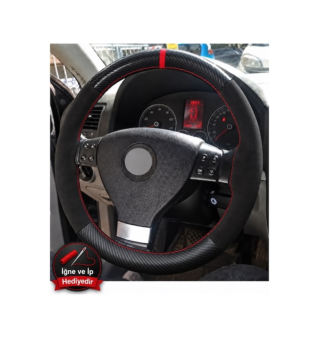 Vw Jetta 5 Dikme Direksiyon Kılıfı Alcantara Süet Mat Karbon Kırmızı Yüzük Ve Dikiş 2005-2010