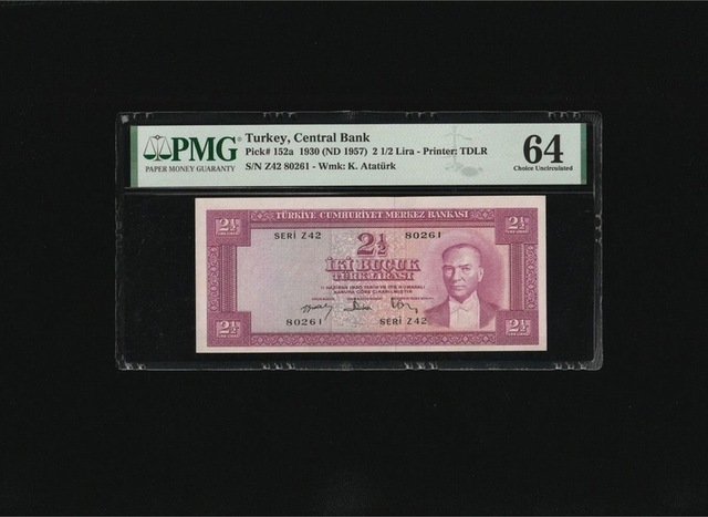 2.5 Tl 2 1/2 İki Buçuk Türk Lirası Pmg 64 Choice Unc Çil P 152a 1957 S/n Z42 80261 / 5.. Emisyon
