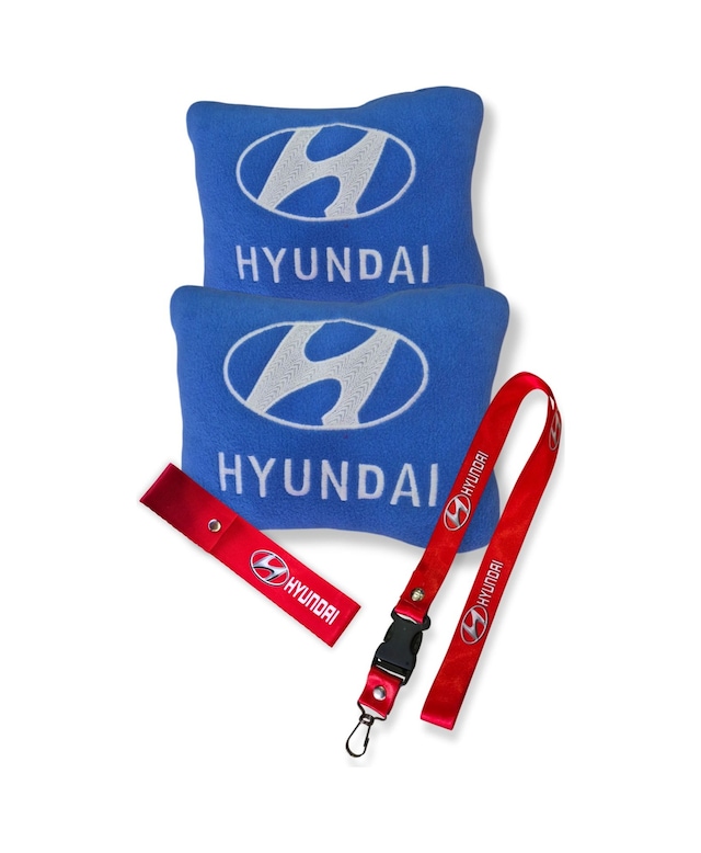 Hyundai Nakışlı Mavi Polar Ortopedik Seyahat Araç Boyun Yastığı / Oto Ayna Askısı & Tampon Çeki İpi Mavi