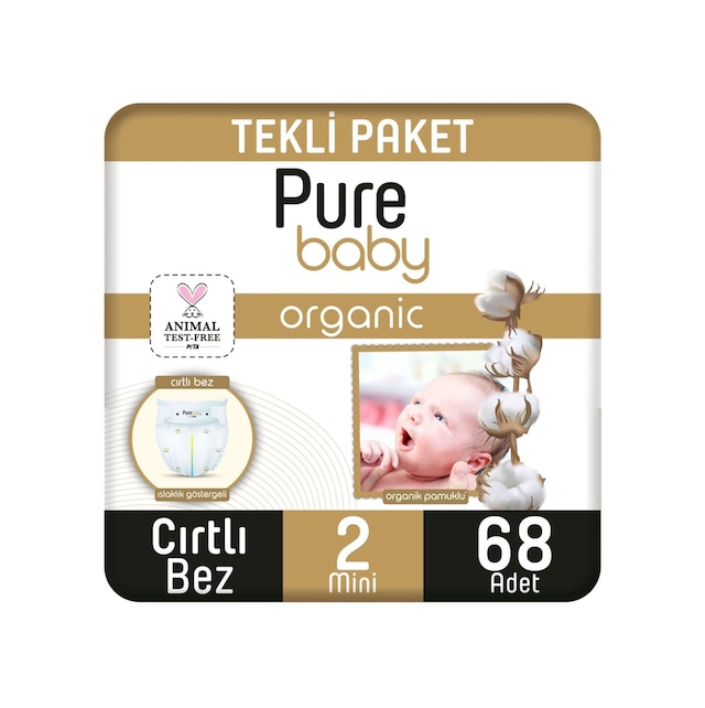 Pure Baby Organik Pamuklu Cırtlı Bez Tekli Paket 2 Numara Mini 68 Adet
