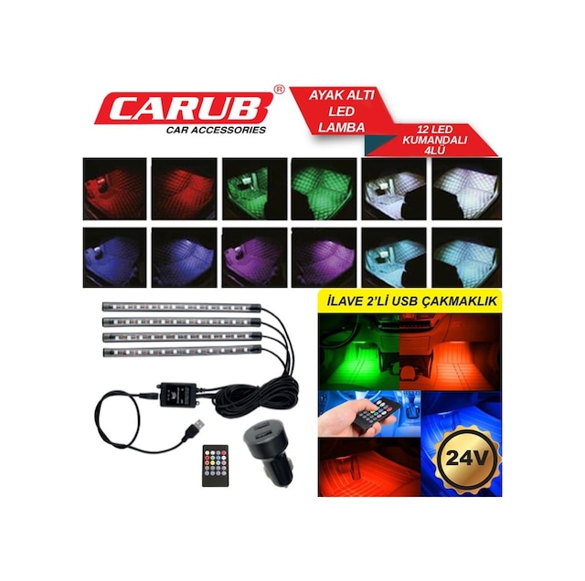24v Ayak Altı Led Lamba 12 Ledli 4'lü Kumandalı Usb X 2 Çakmak Fişli