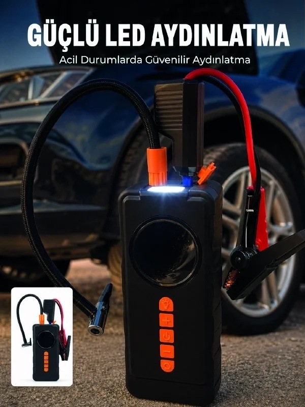Ers 10000mah Şarjlı Araç Kompresörü Akü Takviye Cihazı Powerbank Özellikli Dijital Lastik Şişirme Pompası