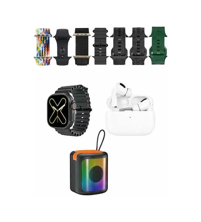 Karler Bass K28 Kombo 7 Adet Kordon Akıllı Saat Airpods Kulaklık Kablosuz Hoparlör Set - Siyah Çok Renkli