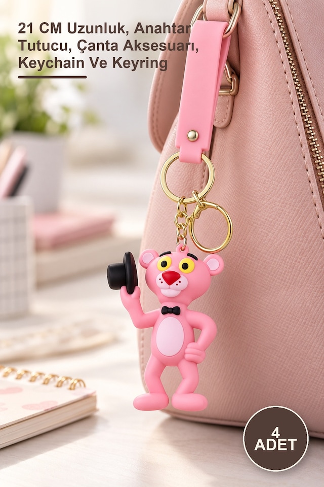 4 Adet Pembe Panter Silikon Anahtarlık 21 Cm Uzunluk, Anahtar Tutucu, Çanta Aksesuarı, Keychain Ve Keyring