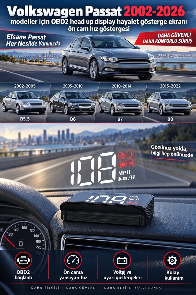 Volkswagen Passat 2002-2026 Modeller İçin Obd2 Head Up Display Hayalet Gösterge Ekranı Ön Cam Hız Göstergesi