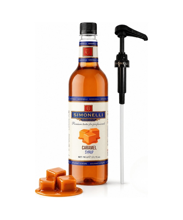 Simonelli Karamel Aromalı Kahve ve Kokteyl Şurubu 700 ML + Şurup Pompası - Latte Frappe Soğuk Sıcak Kahve ve Tatlı Şurubu
