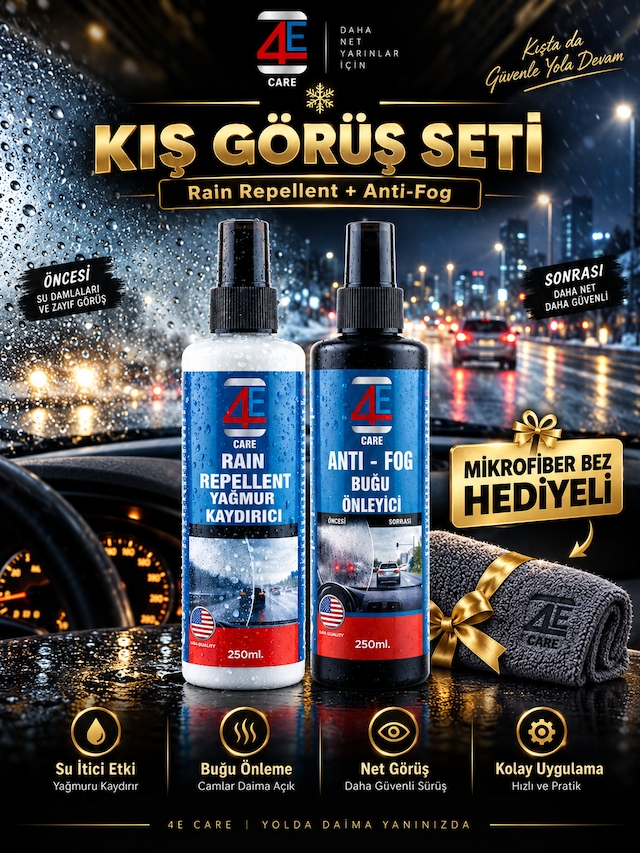 4e Care 2'li Kış Görüş Seti: Yağmur Kaydırıcı & Buğu Önleyici Sprey Net Görüş Paketi 250 Ml