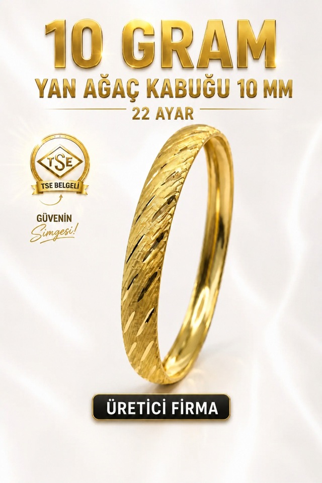 22 Ayar Tse Belgeli 10 Gram Yan Ağaç Kabuğu Ajda Bilezik 10 Mm İşçiliksiz Altın
