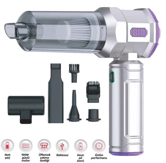 Oto Araç Süpürgesi Profesyonel Şarjlı 100w Çekme Ve Üfleme Br0909012 Gri