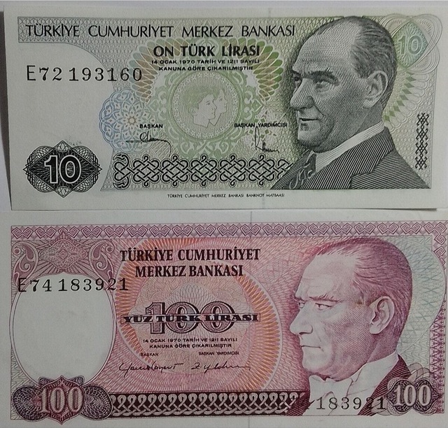 E Serisi 7. Emisyon 10 Ve 100 Türk Lirası Eski Koleksiyon Kağıt Para. Hatıra Para.