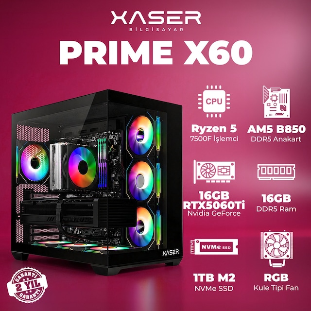 Xaser Prime X60 Ryzen 5 7500f 16gb Ddr5 Ram 1tb M.2 Nvme Ssd 16gb Rtx5060 Ti Masaüstü Oyuncu Bilgisayarı 007