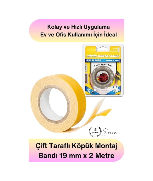 Köpükbant 5 Kg Çift Taraflı Köpük Montaj Bandı 19mm 2 Metre Güçlü Yapışkan Duvar Bant Beyaz Çerçeve Standart