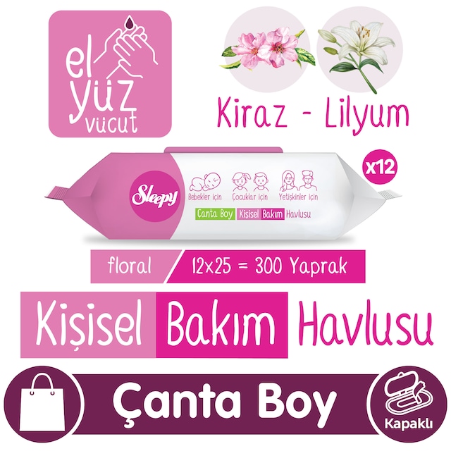 Sleepy Floral Kişisel Bakım Havlusu Çanta Boy 12x25 300 Yaprak 12'li Set