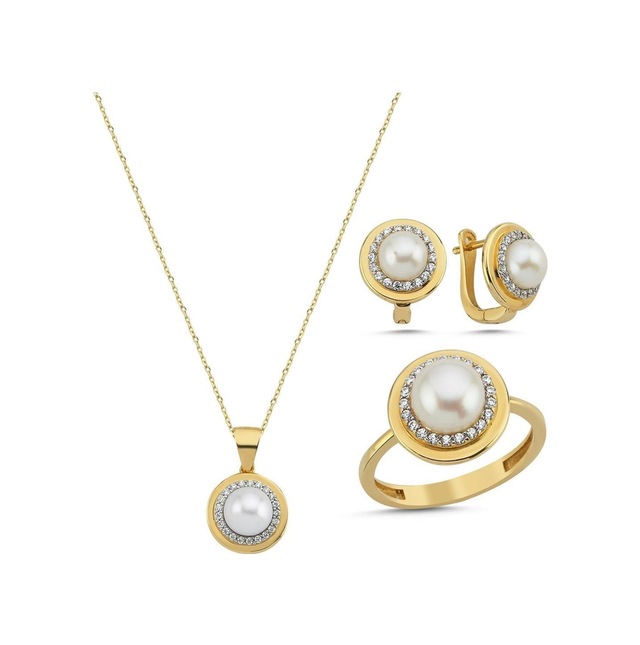 Doğal İnci Küpe Kolye Yüzük Üçlü Set - 20 / Sarı 96784998