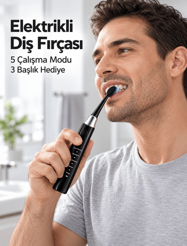 5 Çalışma Modlu Siyah Elektrikli Diş Fırçası 3 Yedek Başlık Hediy