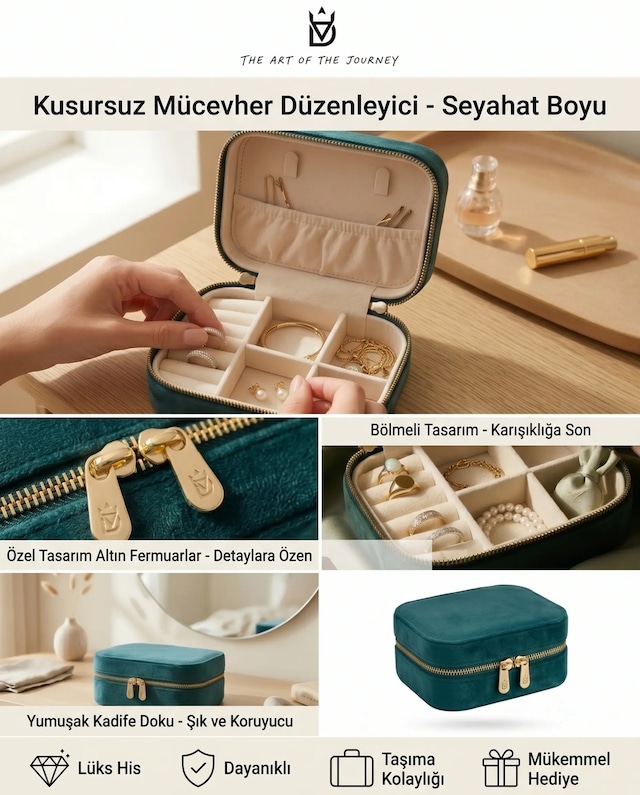 Takı Kutusu Düzenleyici Seyahat Çantası Kolye Yüzük Küpe Organizer Kadife Petrol Yeşili 12cmx8cm