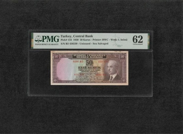 Pmg 62 Unc Çil İnönü Batan Gemi 50 Kuruş P 133 1930 S/n B3 450227 2. Ems