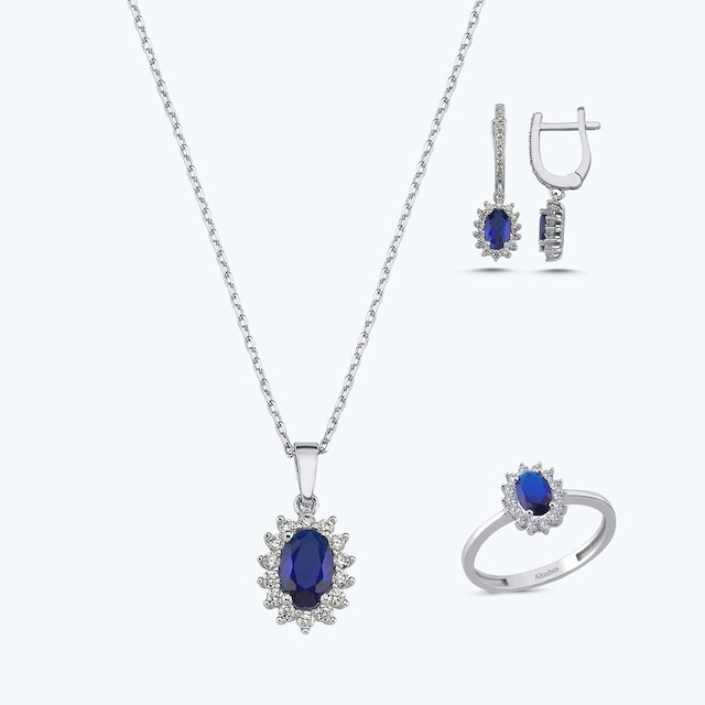 Altınbaş Mavi Taşlı Altın Üçlü Oval Set Autk0020-b-24627-l-set