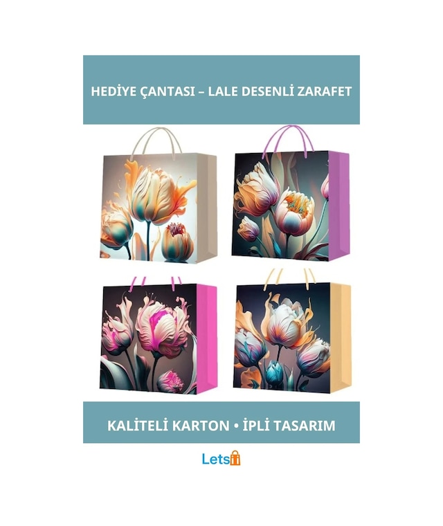 Büyük Boy Lale Desenli Şık Karton Hediye Çantası 26x32 Cm