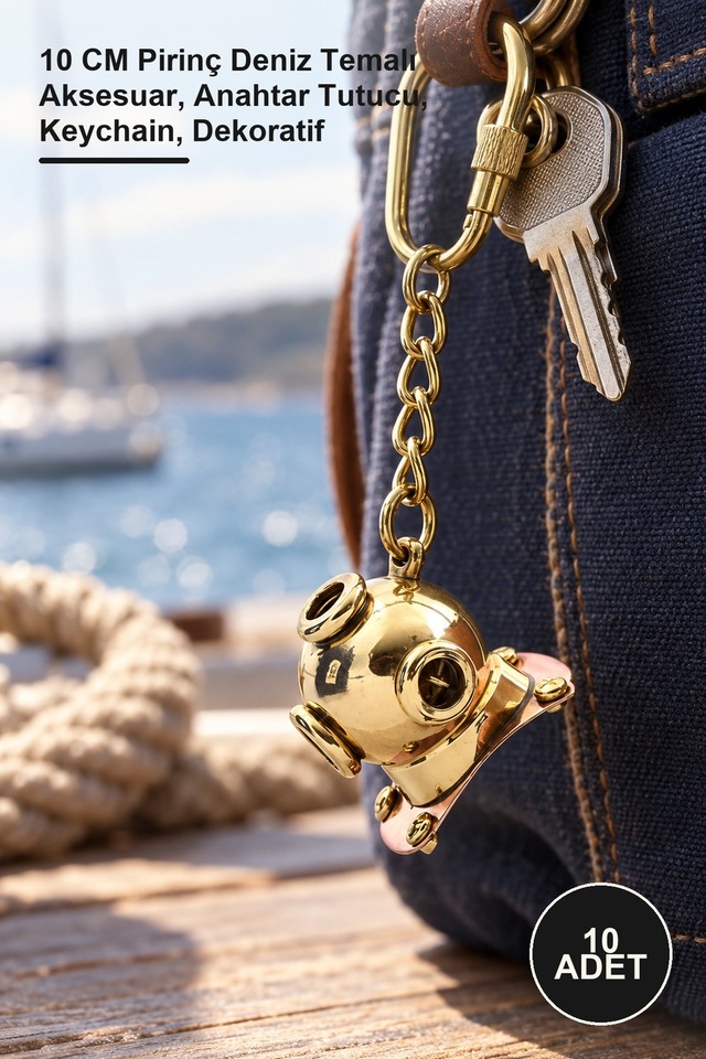 10 Adet Pirinç Dalgıç Başlığı Anahtarlık 10 Cm Pirinç Deniz Temalı Aksesuar, Anahtar Tutucu, Keychain, Dekoratif