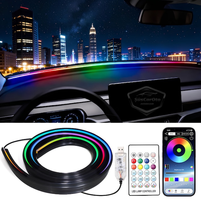 Universal Araç İçi App Ve Kumanda Kontrollü Ön Cam Fitil Ambiyans Rgb Atmosfer Cam Önü Ambiyans Led Neon Lamba Ses Yalıtım Fitili Usb Girişli Montajsız