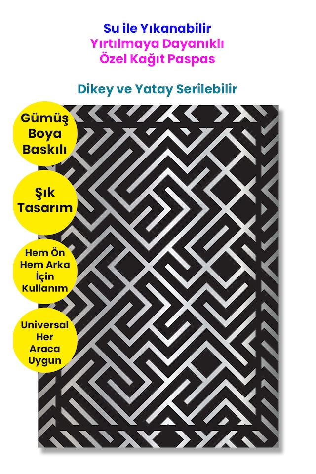 Suya Dayanıklı Yıkanır Kağıt Labirent Desen Oto Paspas Kağıdı Siyah Gümüş Baskı 50 Adet 35x50cm