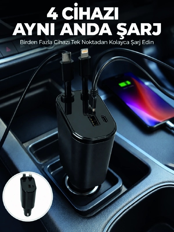 Plentiful120w Hızlı Şarj Destekli 4'ü 1 Arada Araç Şarj Cihazı Type-c, Lightning, Usb Ve Usb-c Çıkışlı