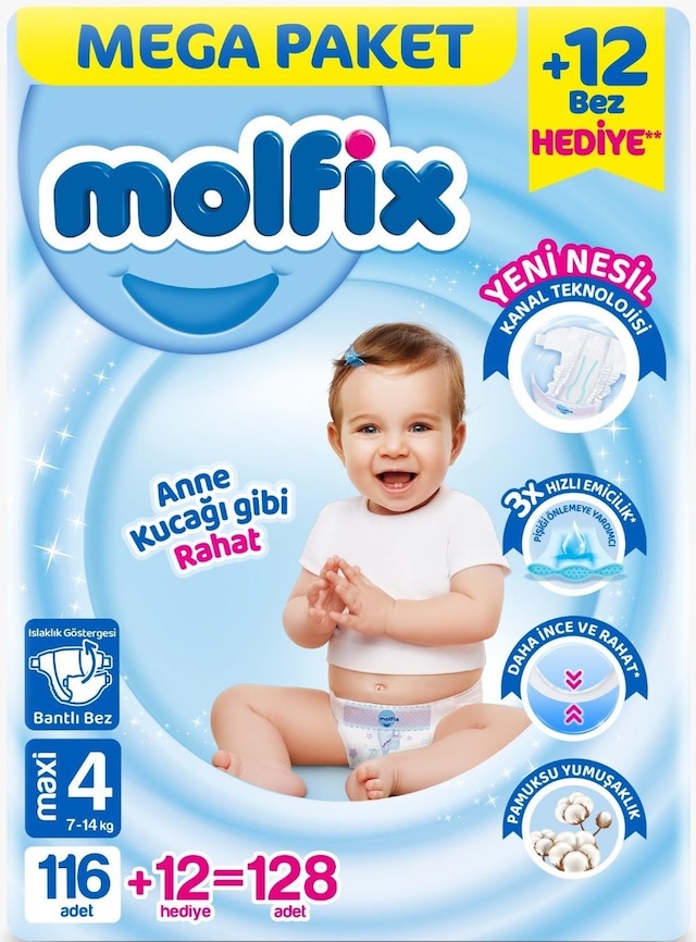 Molfix Bebek Bezi Beden:4 7-14kg Maxi 128 Adet Mega Pk 4 Numara