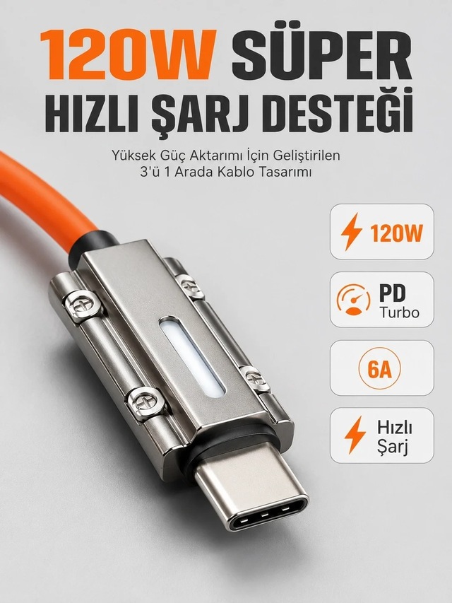 Ers Led Göstergeli 120w Pd Turbo Destekli Premium 3'ü 1 Arada Şarj Kablosu