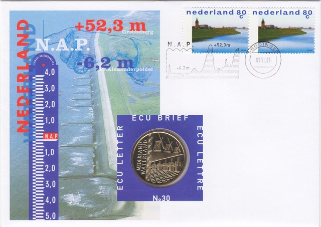 Hollanda 1 Ecu 1998 Waterland. Pullu İlk Gün Zarfı İçinde Bilgi Kartıyla. Çil Kondisyon.