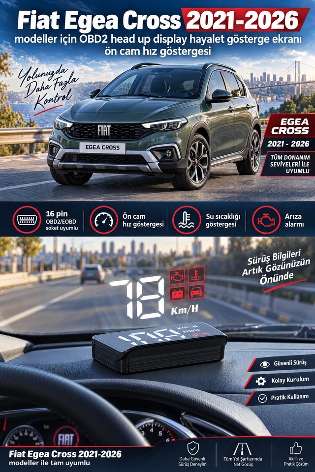 Fiat Egea Cross 2021-2026 Modeller İçin Obd2 Head Up Display Hayalet Gösterge Ekranı Ön Cam Hız Göstergesi