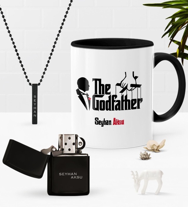 Kişiye Özel The Godfather Siyah Kupa Benzinli Çakmak Kolye Seti