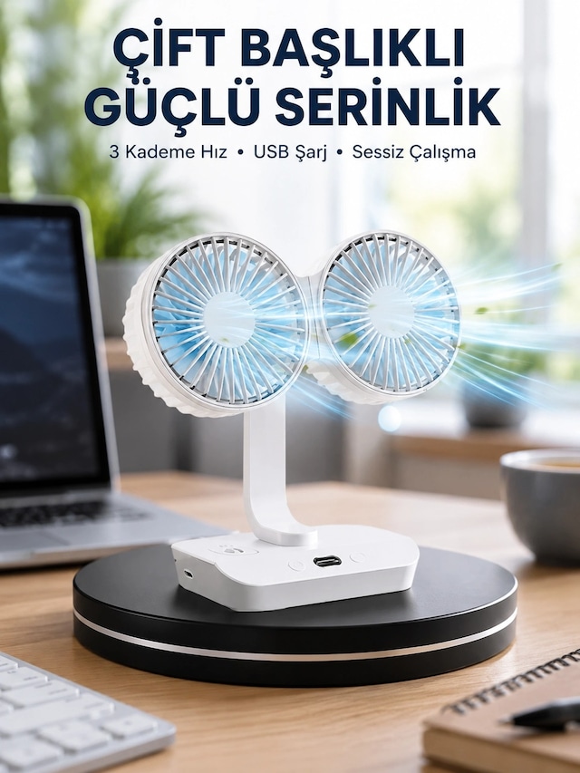 Plentifulsessiz Çalışan Usb Şarjlı Çift Kafalı Masaüstü Fan Ev Ve Ofis İçin