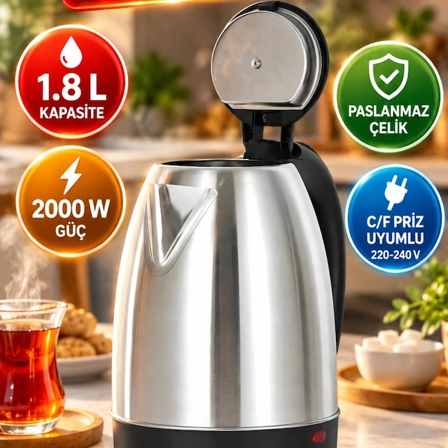 Paslanmaz Çelik Kettle Su Isıtıcı 1.8 L 2000 W C/f Priz Uyumlu 220-240 V