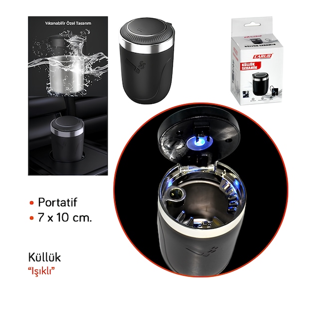 Carub Araç Çöp Kovası Portatif Çok Fonksiyonlu Işıklı Küllük