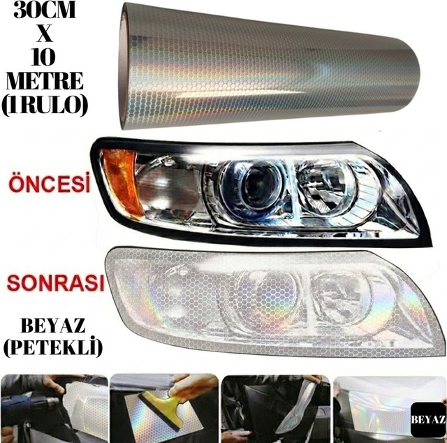 Petekli Beyaz Far Stop Filmi Folyosu Çizik Engelleyici Folyo 3d Petek Desenli Hologramlı 30 Cm X 10 Metre