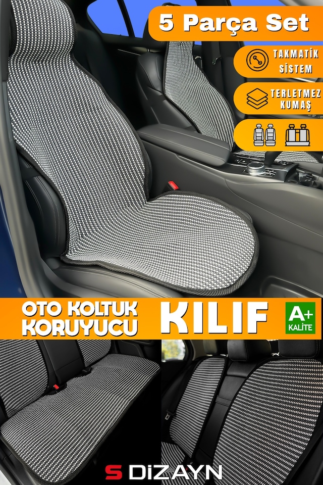 S-dizayn Oto Koltuk Koruyucu Kılıf Set Çizgili Füme Beyaz Universal 2+3 Parça Ön Arka