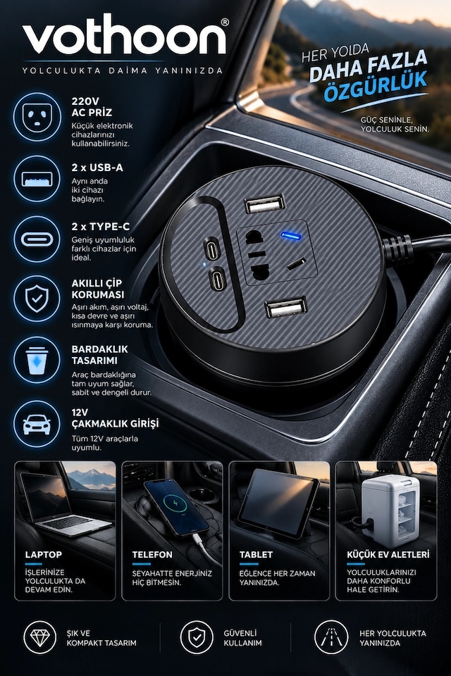 Araç Şarj Aleti Çakmaklık İnvertör & Şarj Cihazı 220v Priz+usb & Type-c Araba Çakmaklık