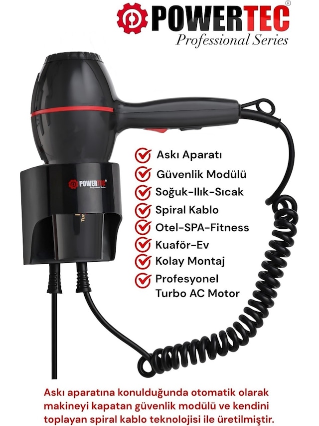 Powertec TR-301 Askı Aparatlı Otel Tipi Profesyonel Saç Kurutma & Fön Makinesi
