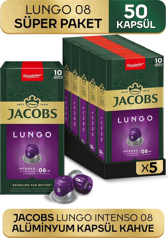 Jacobs Lungo 8 Intenso Nespresso Uyumlu Alüminyum Kapsül Kahve 5 x 10'lu