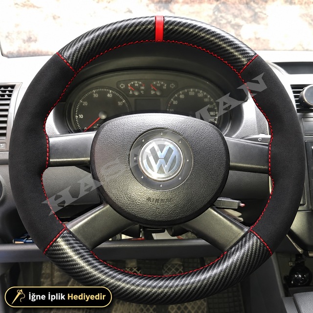 Volkswagen Caddy Mk3 Dikme Direksiyon Kılıfı Alcantara Süet Mat Karbon Kırmızı Yüzük Ve Dikiş 3 Kollu-tuşsuz-trendline 2004-2010