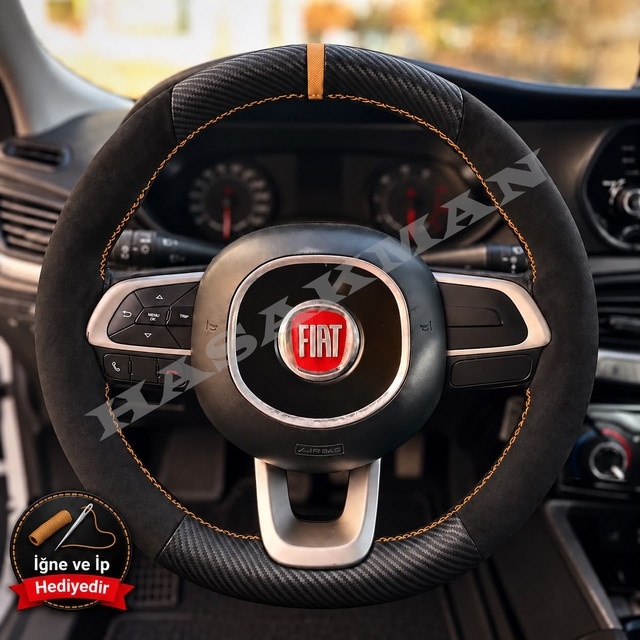 Fiat Pratico Dikme Direksiyon Kılıfı Alcantara Süet Mat Karbon Taba Yüzük Ve Dikiş 2015-2022