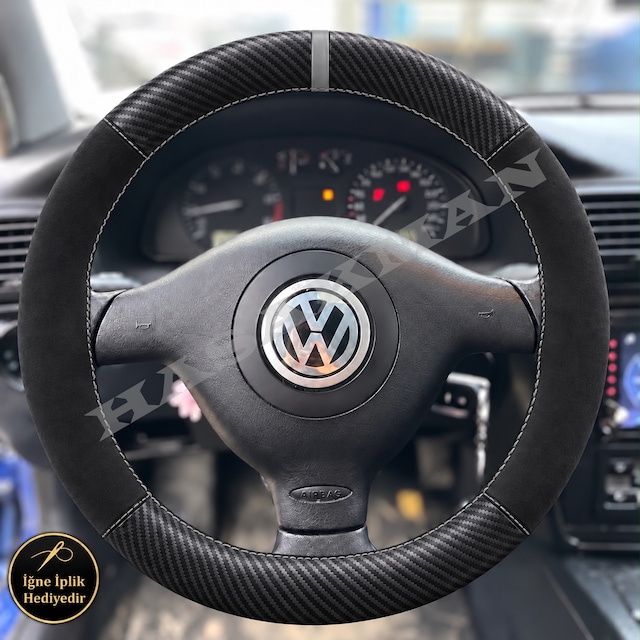 Volkswagen Lupo Dikme Direksiyon Kılıfı Alcantara Süet Mat Karbon Gri Yüzük Ve Dikiş 3 Kollu 1998-2005