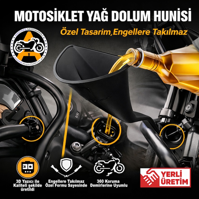 Akgüneş Motogaraj Motosiklet Ve Otomobiller İçin Yağ Dolum Hunisi 360 Derece Koruma Demirli Motorlara Uyumlu