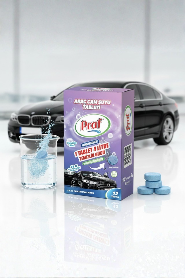 Praf Araç Cam Suyu Tableti 12 Adet 1 Tablet 4 Litre Oto Silecek Suyu Temizleyici Konsantre