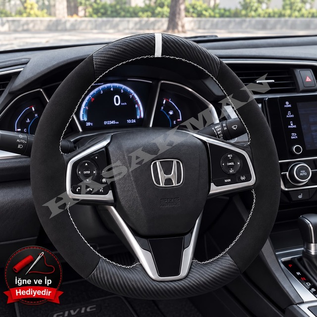Honda Cr-v Dikme Direksiyon Kılıfı Alcantara Süet Mat Karbon Beyaz Yüzük Ve Dikiş 2017-2023