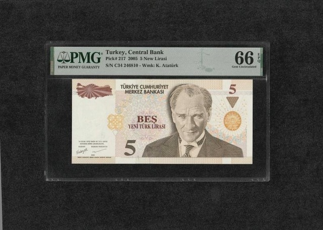Yeni Türk Lirası Pmg 66 Epq Gem Unc Çil 5 Lira P 217 2005 S/n C34 8. Emisyon 1. Tertip