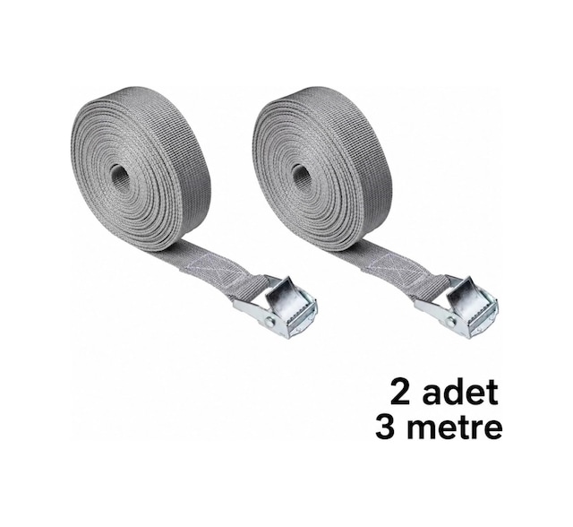 Yük Bağlama Kayışı Metal Tokalı Gri 3 Metre 2 Adet Set
