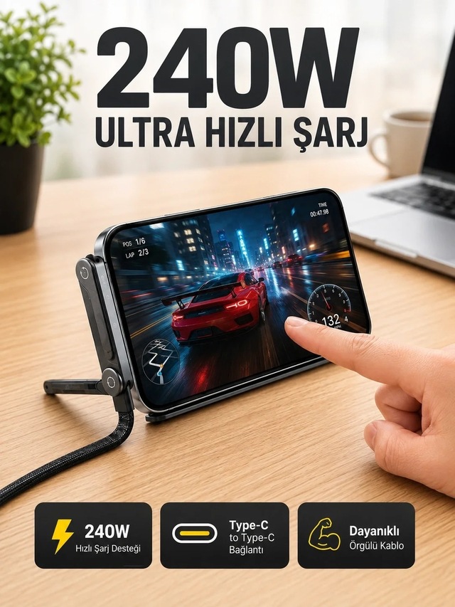 Ers 240w Type-c Telefon Standlı Örgülü Şarj Ve Data Kablosu