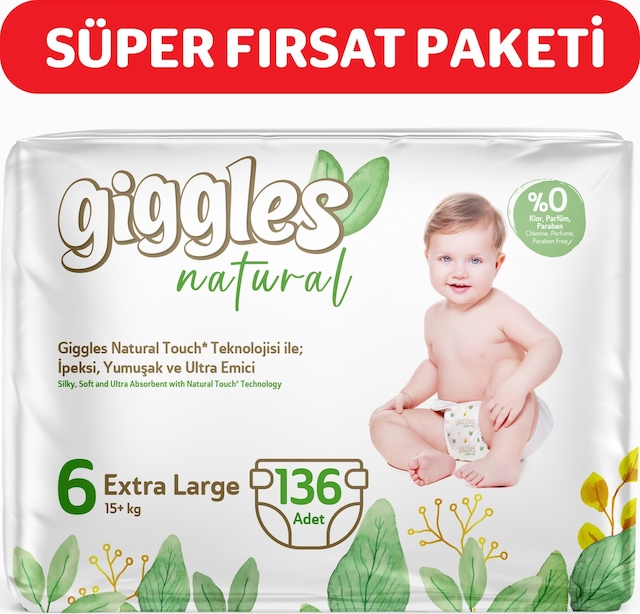 Giggles Natural 6 Numara Junior Plus Pamuklu Bebek Bezi 136 Adet